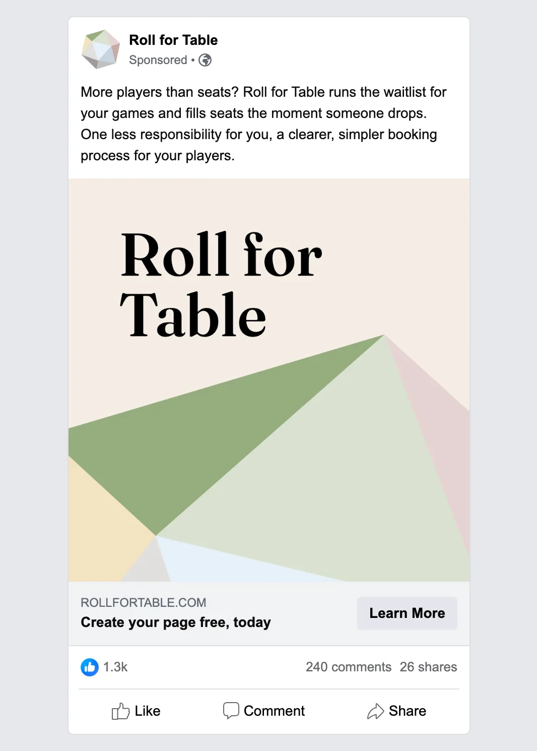 The good-problem Meta ad in a feed frame: the waitlist copy above a Roll for Table brand image, with a Learn More button.