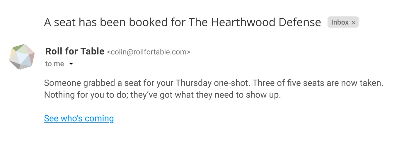 The instant-approval reservation email: subject “A seat has been booked for The Hearthwood Defense,” reporting three of five seats taken.