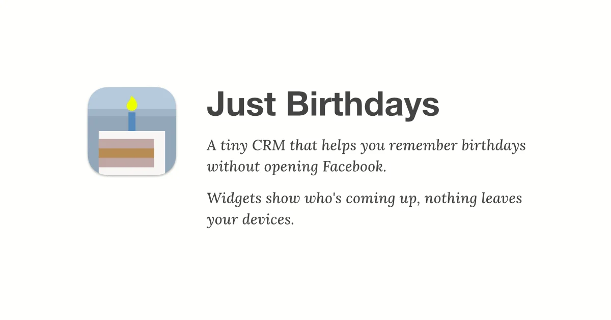 The Just Birthdays link-preview card: the app icon, its name, and the blurb as it appears when the app is shared.