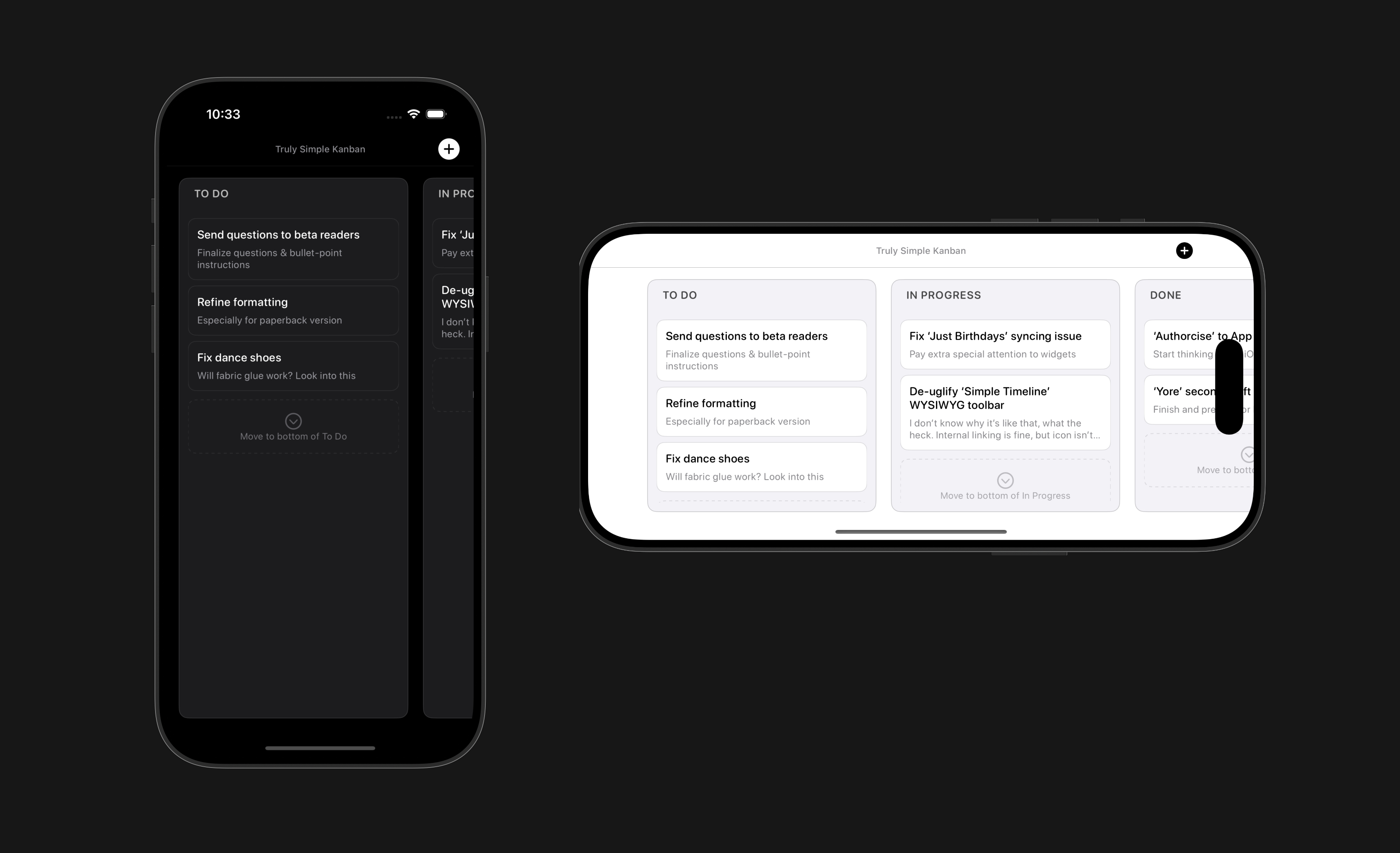 Horizontal and Dark Mode Truly Simple Kanban screens